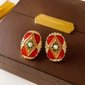 Orecchini vintage quadrati stile francese con perla e smalto a goccia rosso e verde - Barocco Rosso Verde Perla (12#)