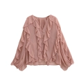 Camicetta in chiffon rosa a maniche lunghe con eleganti volant e profondo scollo a V - Rosa Intenso
