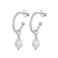 S925 sterling silver drop earrings with hammered texture and white freshwater pearls - GPE16-P Hammered Metal Pearl Dangle / Silver