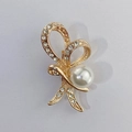 Golden alloy ribbon bow brooch featuring a large white pearl and sparkling rhinestones - Gold Bowknot Pearl