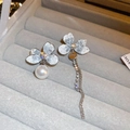 Close-up of asymmetric silver floral earrings with crystals and pearls in a velvet box - Blue Asymmetrical Style (4# Silver Earring Post)