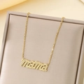 Detail view of 18K gold plated Mama letter pendant with sparkling crystals on jewelry stand - Mama Pave Zirconia Style (KN286034-KLX)
