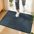 Navy blue PVC coil doormat with wave texture for entryway, shown with white canvas shoes - 45*75cm / Geometric Space - Blue (Silk Loop)