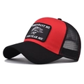 Detail of red and black mesh trucker hat with Women Want Me Fish Fear Me patch - Adjustable / Black and Red Fish