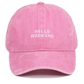 Detail of pink washed cotton baseball cap featuring white HELLO WDDKEND embroidery - Pink