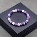 Macro shot of 8-10mm natural purple amethyst and white stone beads elastic bracelet - Purple Mix