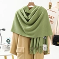 Grass green cashmere scarf with long tassels draped on a beige coat for winter style - Thickened 300g Tassel Shawl / 200x70cm / Light Green
