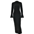 Elegant black slim-fit long sleeve dress with flared cuffs and stand collar on model - S / Black