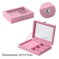 Pink velvet jewelry box with clear window and mirror, 20x15x5cm storage for rings - 3 Grids / Pink