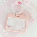 Pink glitter heart cloud ID card holder with beaded chain and spring strap accessory - Pink Horizontal + Coil + Pink Keychain