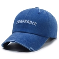 Vintage navy blue washed cotton baseball cap with white FRAGRANCE embroidery and distressed details - Blue