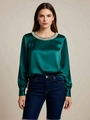 Deep green satin long-sleeve blouse with pearl-embellished round neckline for women - S / Top (808145) / Green