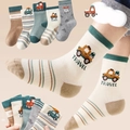 Toddler crew socks featuring cartoon car prints in brown, beige, and blue knit fabric - Flatbed Travel Vehicle / 3-5 Years (Feet length 13-15cm)