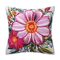White square decorative pillowcase with 3D pink flower embroidery and green leaves - 18x18 Inch