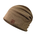Brown ribbed knit slouchy beanie with music leather patch for men and women - Adjustable / Khaki