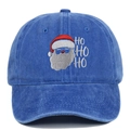 Detail of Santa embroidery with HO HO HO text on washed blue cotton baseball cap - Sapphire Blue