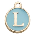 Light blue enamel round charm with golden letter L for DIY jewelry making - Letter L / 1 Piece (12x14mm) / Lake Blue