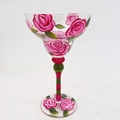 Hand-painted margarita glass with pink roses and striped stem on white background - Red Rose Margarita