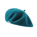 Classic teal wool felt beret for women featuring a stylish gold metal logo plate detail - One Size / Blue