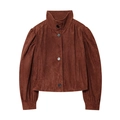 Minimalist brown faux suede jacket featuring a stand collar and pleated puff sleeves - S / Dark Brown