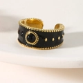 Vintage gold-plated titanium steel ring with black enamel and round stone inlay - Black