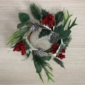 Christmas candle ring wreath with red berries, pine cones, and frosted leaves on wood - Dublin Wreath H (ID 7cm OD 18cm)