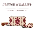 Bohemian canvas clutch wallet in beige with red geometric patterns and shoulder strap - Off White-3