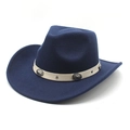Detail of navy western cowboy felt hat with ethnic belt and silver metal buckle - M (56-58cm) / Navy Blue
