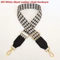 Detail of adjustable houndstooth shoulder strap with black leather and gold metal hooks - Cream + Black Leather + Gold Hook