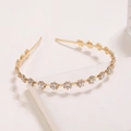 Elegant gold metal headband featuring sparkling rhinestone sunflower designs on a white background - Gold