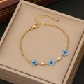 Pulsera de acero inoxidable dorada con flores de ojo azul y colgantes de circón - Estilo de Ojo Turco de Flor (3#)