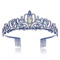 Blue metal bridal tiara crown featuring iridescent crystals and teardrop rhinestone - Dark Blue Base AB Aurora Rhinestone