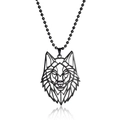 Detailed view of hollow geometric wolf head pendant with black finish on a bead chain - Bead Chain / Black