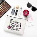 White canvas makeup bag with 'Beauty IS MY BUSINESS' print and black zipper closure - Style B-Beauty IS MY Business
