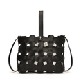 Retro black woven leather mini bag with white canvas drawstring liner for girls - Large / Black