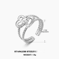 Adjustable silver stainless steel ring with infinity heart design and twisted texture - Twisted Band Double Heart (ZN042S) / Steel