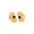 Vintage stainless steel petal earrings with pleated texture and black zircon center - Black Stone Style / Black