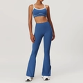 Women's blue yoga set with sports bra and flare pants featuring white side stripes - S / Bra And Trousers (Night Sky Blue) Top And Bottom / Night Sky Blue