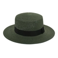 Detail of dark green straw boater hat with flat brim and elegant black ribbon band - M (56-58cm) / Dark Green