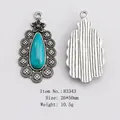 Vintage silver alloy pendant with waterdrop turquoise stone and retro textured back - Ethnic Water Drop