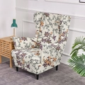 Elastic wingback chair cover with vintage floral pattern in beige and purple tones - Beautiful Flowers