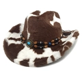 Chapeau de cowboy imprimé vache en peluche avec perles en bois et turquoise - M (56-58cm) / Couronne Plate / Café