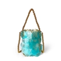Mini-Eimerhandtasche in Seeblau mit Perlmutt-Pailletten und goldener Perlenkette - Vertikal / Blau