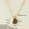 Gold stainless steel snake chain necklace with freshwater pearl and black nautilus pendant - Double Layer Pearl Shell (25281G)