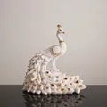 Short version white peacock statue with golden accents and amber jewels, 24cm height - Short Peacock