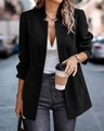 Detail of black herringbone blazer featuring thick textured fabric and casual open front - S / Tops / Black