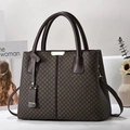Elegant dark brown checkered tote bag with top handles and detachable crossbody strap - Check Pattern / Coffee
