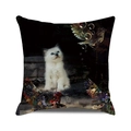 Detail of square cushion cover featuring white cat, bubbles, and floral patterns - White Kitten Bubbles