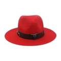 Red straw fedora hat with brown leather band and bronze bull head ornament - Red