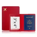 Red lychee grain PU leather passport holder with gold airplane logo and card slots - Red